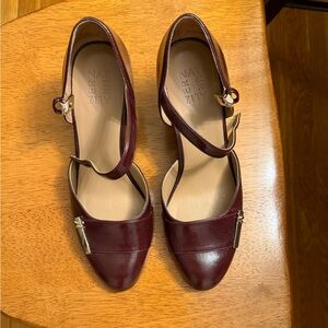 Naturalizer Burgundy Leather Mary Jane Heels with Gold Accent